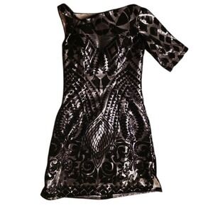 Gail McInnis Productions Black Silver Sequin One Shoulder Mini Dress Small